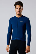 Acelera Men's Pro Fleeced Cycling Jersey Long Sleeve - Dark Blue Front View #Color_Dark Blue