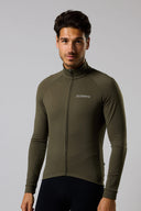 Acelera Men's Essential Cycling Jersey Long Sleeve Thermo Fleece - Olive Green Front View #Color_Olive Green